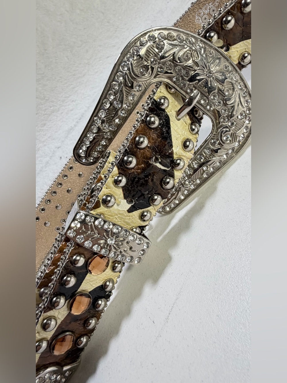 West Star Texas Large Leather Rhinestone Western Belt Brown Cream Bling - Picture 3 of 13